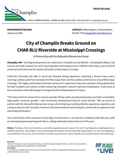 City of Champlin Breaks Ground on Char Blu Riverside at Mississippi Crossings.
