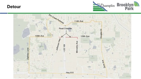 Phase one detour map for the 2025 109th Ave Reconstruction Project.