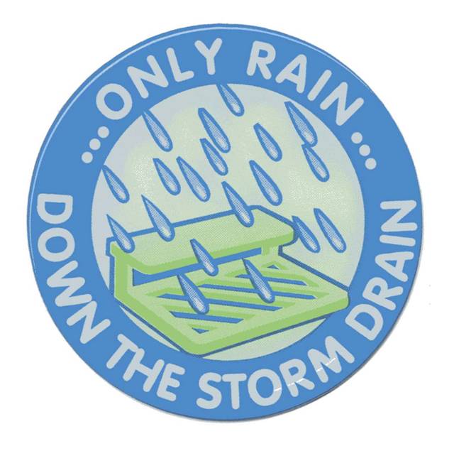 Rain falling into a storm drain. Logo of "only rain down drain" campaign