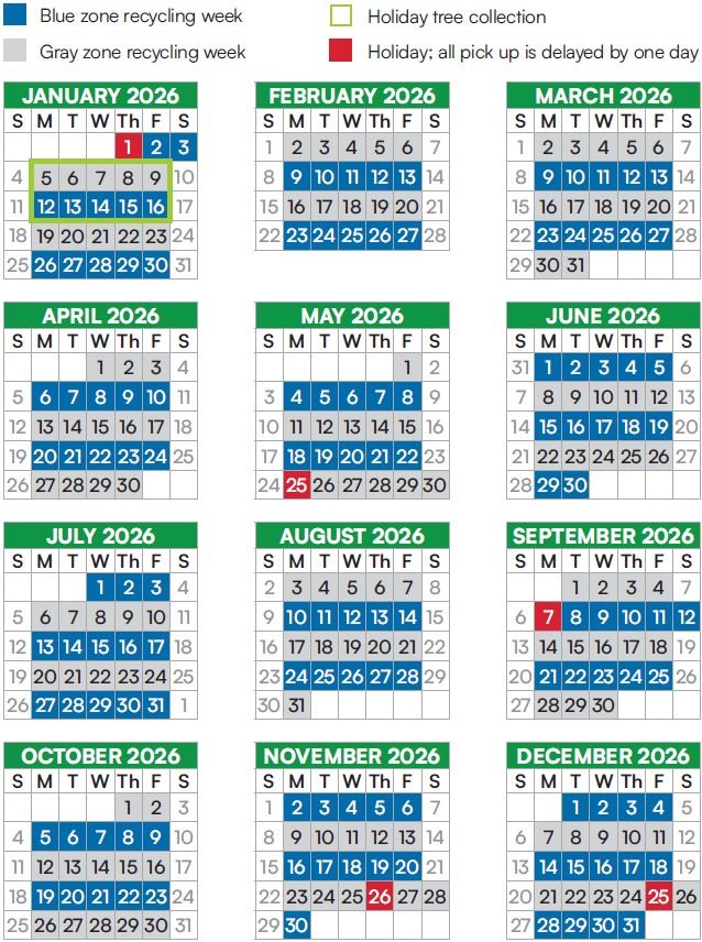 Every other week recycling calendar. First full gray week 1/5-1/9. First full blue week 1/12-16.