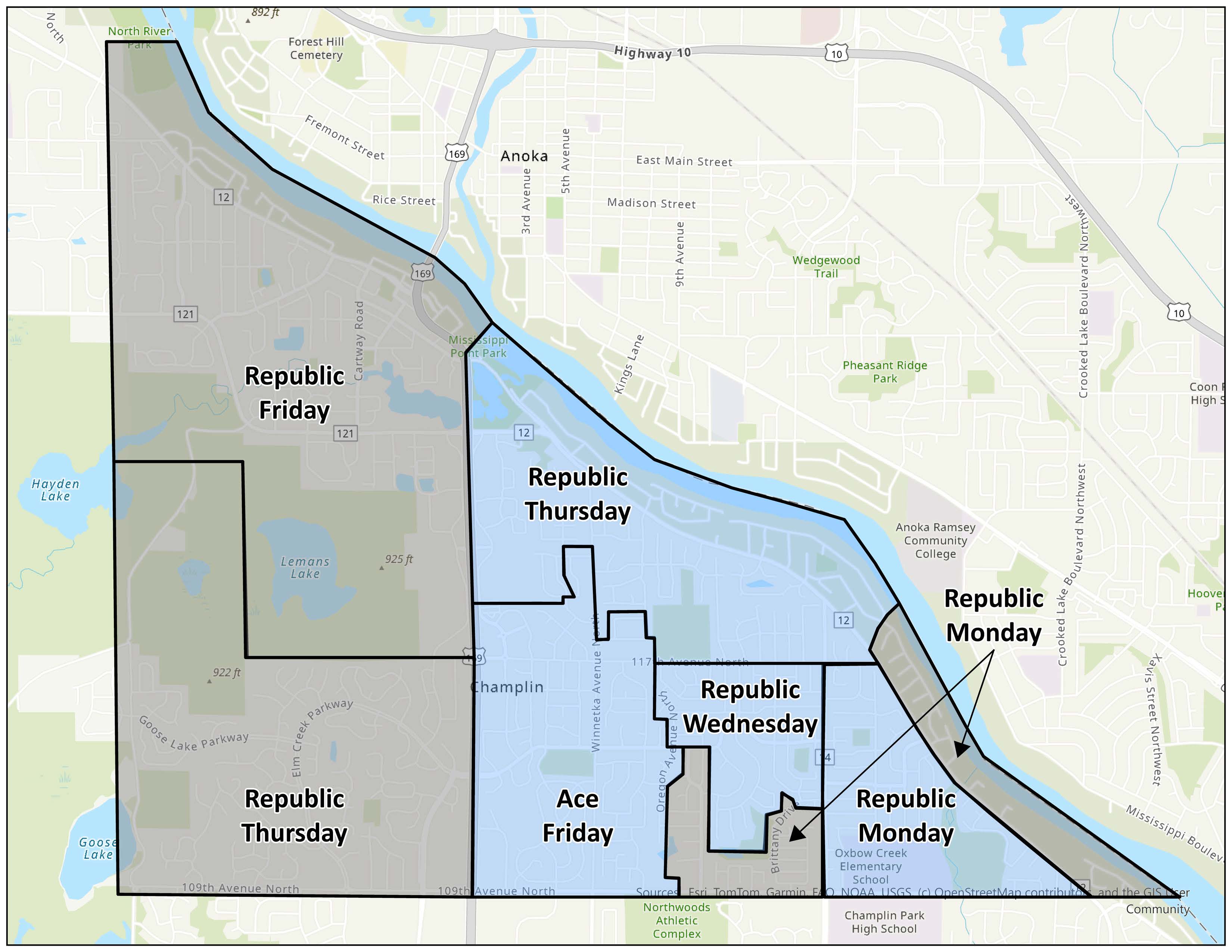 Map of hauler boundaries, service day, and recycling service zones (blue or gray). 